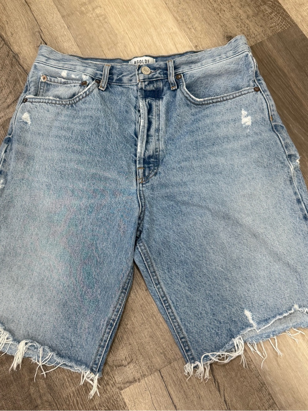 Agolde Light Wash Frayed Hem Denim Shorts